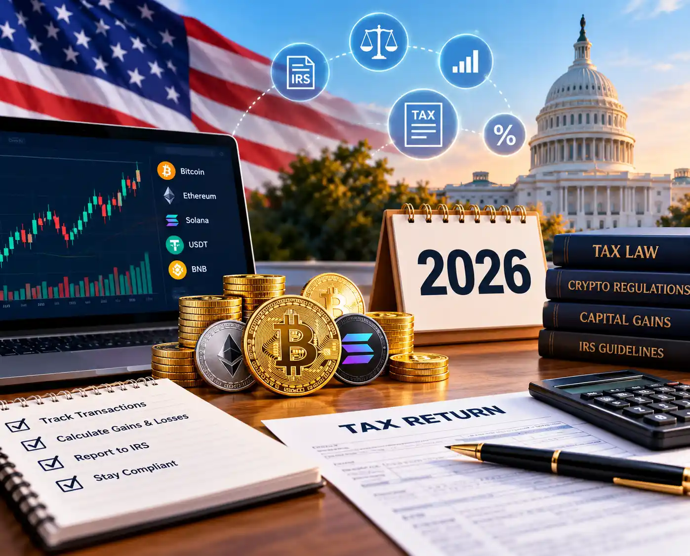 Crypto tax in the US 2026 with Bitcoin and tax documents